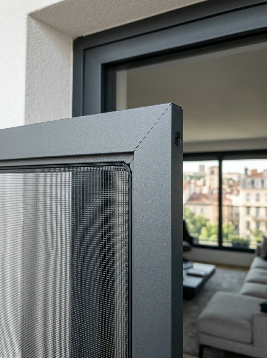 Détail cadre aluminium moustiquaire sur mesure Fermetures Pontille Lyon