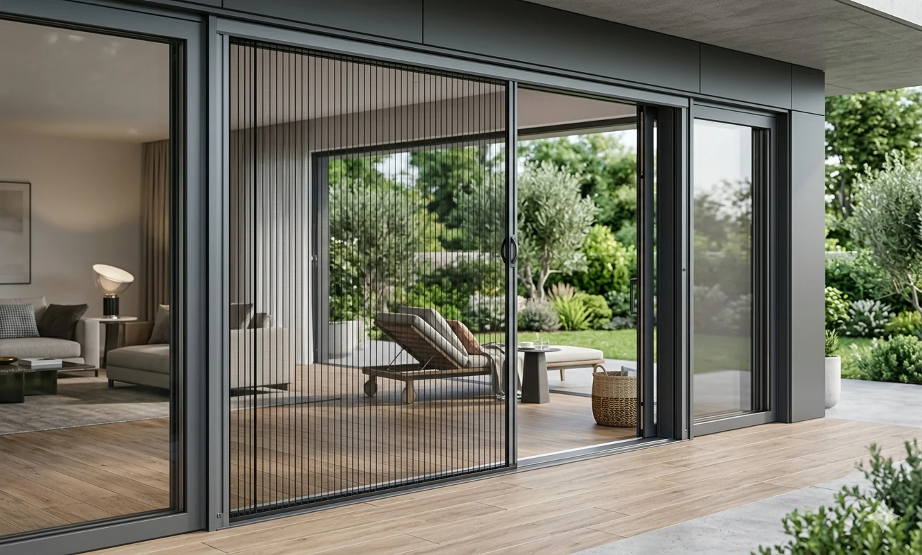 Moustiquaire plissée installée baie vitrée maison Lyon